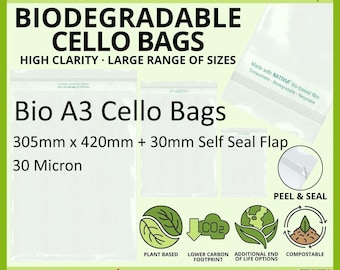 Biodegradable A3 - 305mm x 420mm + 40mm Self Seal Flap - Bio PLA Cellophane Artists Display Bags 30 Micron - Large Cello