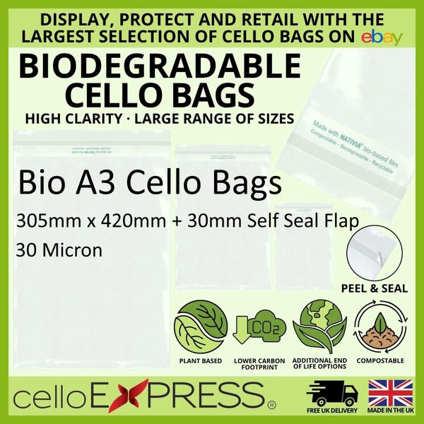 Biodegradable A3 - 305mm x 420mm + 40mm Self Seal Flap - Bio PLA Cellophane Artists Display Bags 30 Micron - Large Cello