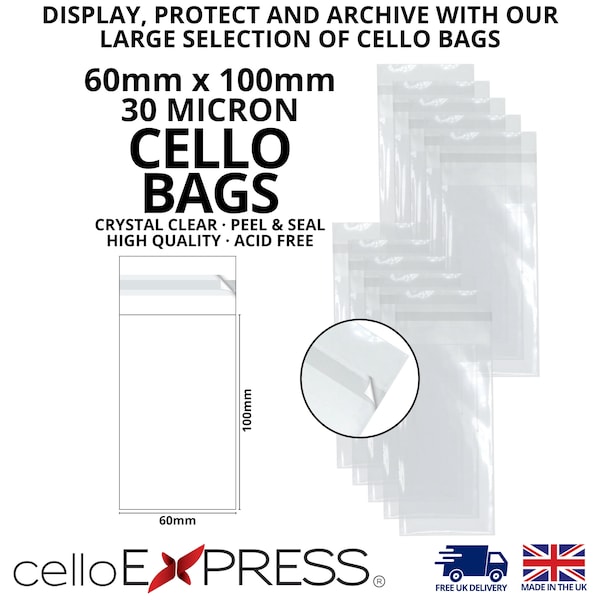 60mm x 100mm Cello Bags + 30mm Self Seal Lip - 30 Micron