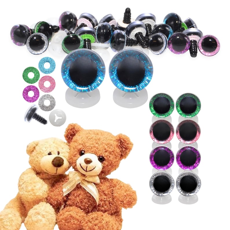 May include: A collection of craft supplies including various sizes and colors of plastic safety eyes with washers, and glittery washers. Two teddy bears are in the foreground.