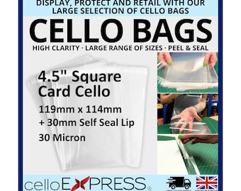 119mm x 114mm + 30mm Self Seal Flap - 4.5" x 4.5" - Cellophane Greeting Card Display Bags 30 Micron - Small Square Cello