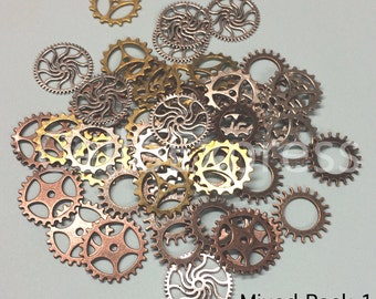 Multi Pack of Cogs Gears Steampunk Charms for Pendants - Antique Silver, Golden and Red Copper