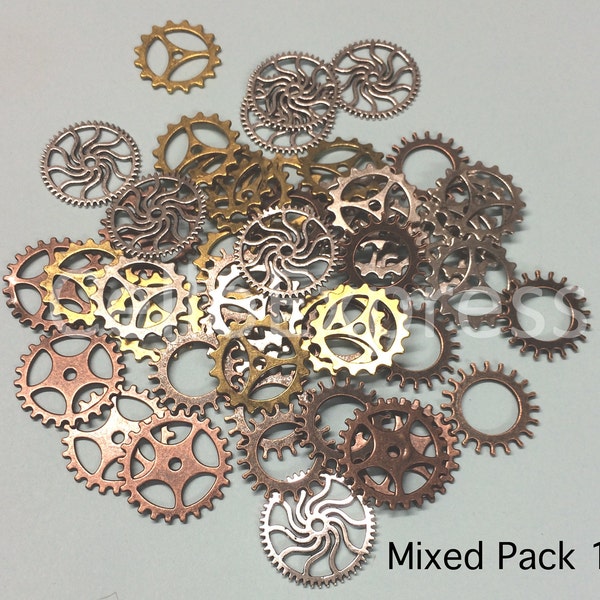 Multi Pack of Cogs Gears Steampunk Charms for Pendants - Antique Silver, Golden and Red Copper