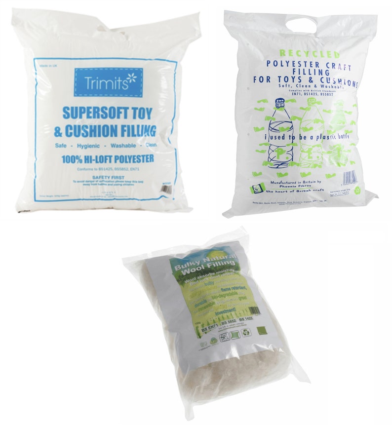 May include: Three clear plastic bags containing craft stuffing materials. One bag is labeled Trimits Supersoft Toy & Cushion Filling, another is Recycled Polyester Craft Filling, and the third is labeled Bulky Natural Wool Filling for various projects.