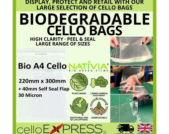 Biodegradable A4 - 220mm x 300mm + 40mm Self Seal Flap - PLA Cellophane Artists Display Bags 30 Micron - Large Cello