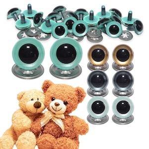 Könnte beinhalten: Ein Set aus Kunststoff-Sicherheitsaugen für Bastelarbeiten, bestehend aus 12 Paaren türkisblauer Augen mit schwarzen Pupillen, 2 Paaren goldener Augen mit schwarzen Pupillen und 2 Paaren silberner Augen mit schwarzen Pupillen. Die Augen werden mit Unterlegscheiben und Stiften zur einfachen Befestigung geliefert.