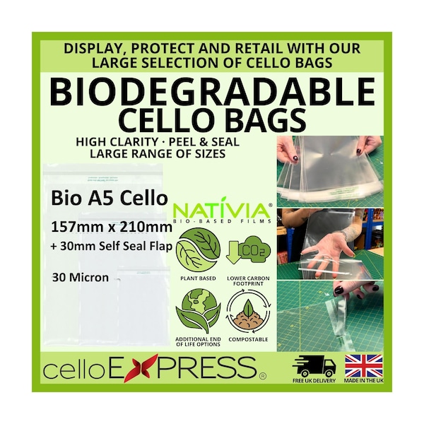 Biodegradable A5 - 157mm x 210mm + 30mm Self Seal Flap - Bio PLA Cellophane Artists Display Cellophane Bags 30 Micron - Medium Cello