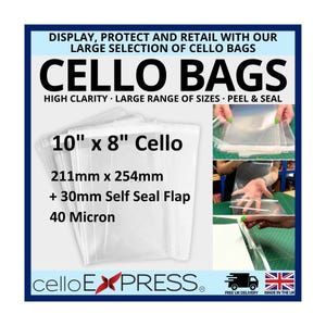 10" x 8" Cello - 211mm x 254mm + 30mm Self Seal Flap - 10x8 Mounted Photograph Cellophane Display Bags 40 Micron - Medium Cello