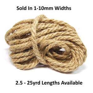 May include: A close-up of a coil of natural brown jute rope. The rope is available in widths from 1 to 10 millimetres and lengths from 2.5 to 25 yards. Sold in 1-10mm Widths. 2.5 - 25yd Lengths Available.