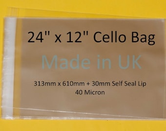 24" x 12" - 313mm x 610mm + 30mm Flap - 24x12 Mounted Photograph Cellophane Display Bags Self Seal 40 Micron - Large Cello