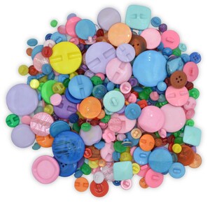 May include: A large collection of colourful plastic buttons in various shapes and sizes. The buttons are a mix of solid colours and patterns, including blue, green, pink, yellow, and orange.
