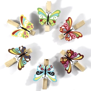 25mm Natural Pegs with Butterflies - Plain Small Wooden Craft Pegs Mini Clip Metal Spring Tiny Wedding Decor