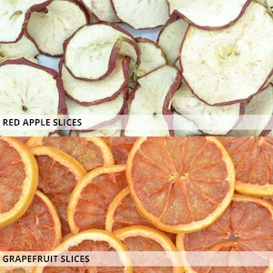 May include: Dried red apple slices and dried grapefruit slices. The apple slices are a light brown color with a red rim. The grapefruit slices are a bright orange color.