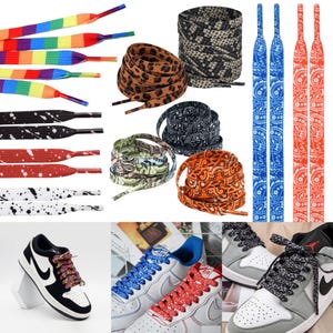 Puede incluir: Una colección de cordones planos con varios patrones, incluyendo rayas de arcoíris, estampado de leopardo, salpicaduras en blanco y negro, y diseños de cachemira en azul y naranja. Se muestran varios pares de zapatillas con estos cordones.