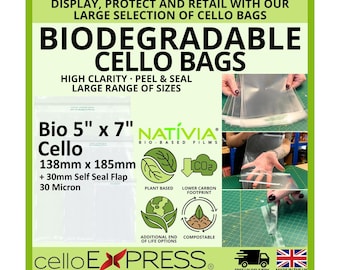Biodegradable 5 x 7 - 138mm x 185mm + 30mm Flap - PLA Cellophane Greeting Card Display Bags 30 Micron Self Seal - Small Cello