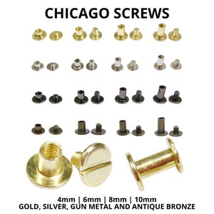 May include: Assortment of Chicago screws in gold, silver, gun metal, and antique bronze finishes. The screws are available in four sizes: 4mm, 6mm, 8mm, and 10mm.