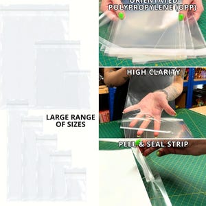 May include: A range of clear plastic bags with a zipper closure. The bags are made from oriented polypropylene (OPP) and have a peel and seal strip. The bags are available in a variety of sizes.  "LARGE RANGE OF SIZES", "ORIENTATED POLYPROPYLENE (OPP)", "HIGH CLARITY", "PEEL & SEAL STRIP"