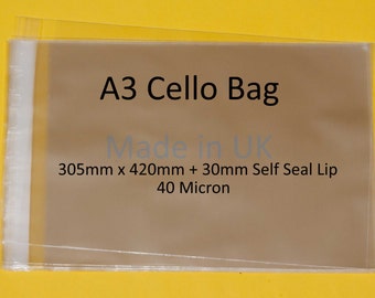 A3 - Cello Display Bags Self Seal - Cello Size 305mm x 420mm + 30mm Flap - 40 Micron