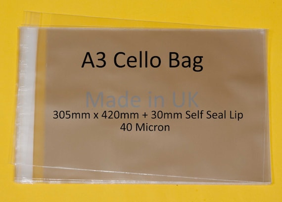 30mm Flap 335mm x 482mm Pack of 100 A3+ 40 Micron Cellophane Artist Display Bags Self Seal