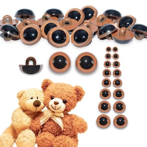May include: A set of brown plastic safety eyes for crafts, with black pupils. The eyes come in various sizes, with some having a metal shank for attaching to fabric. The eyes are shown with two teddy bears.