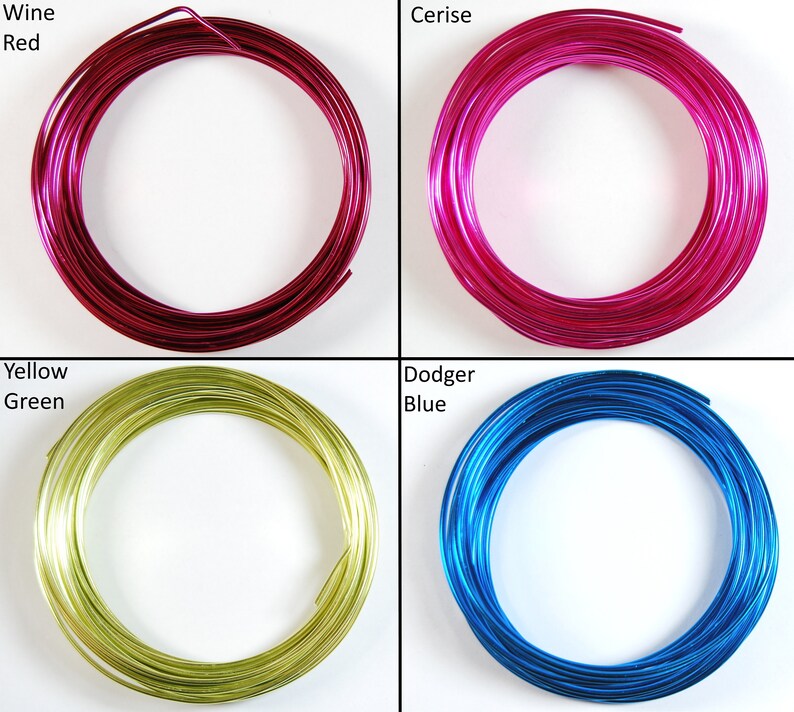 May include: Four spools of colorful aluminum wire. The colors are wine red, cerise, yellow green, and dodger blue.