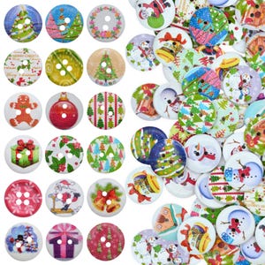 15mm Christmas Buttons - Wooden Round 10+ Design Mixes Festive Prints - Santa Snowman Christmas Tree Reindeer Father Christmas Holly Bells