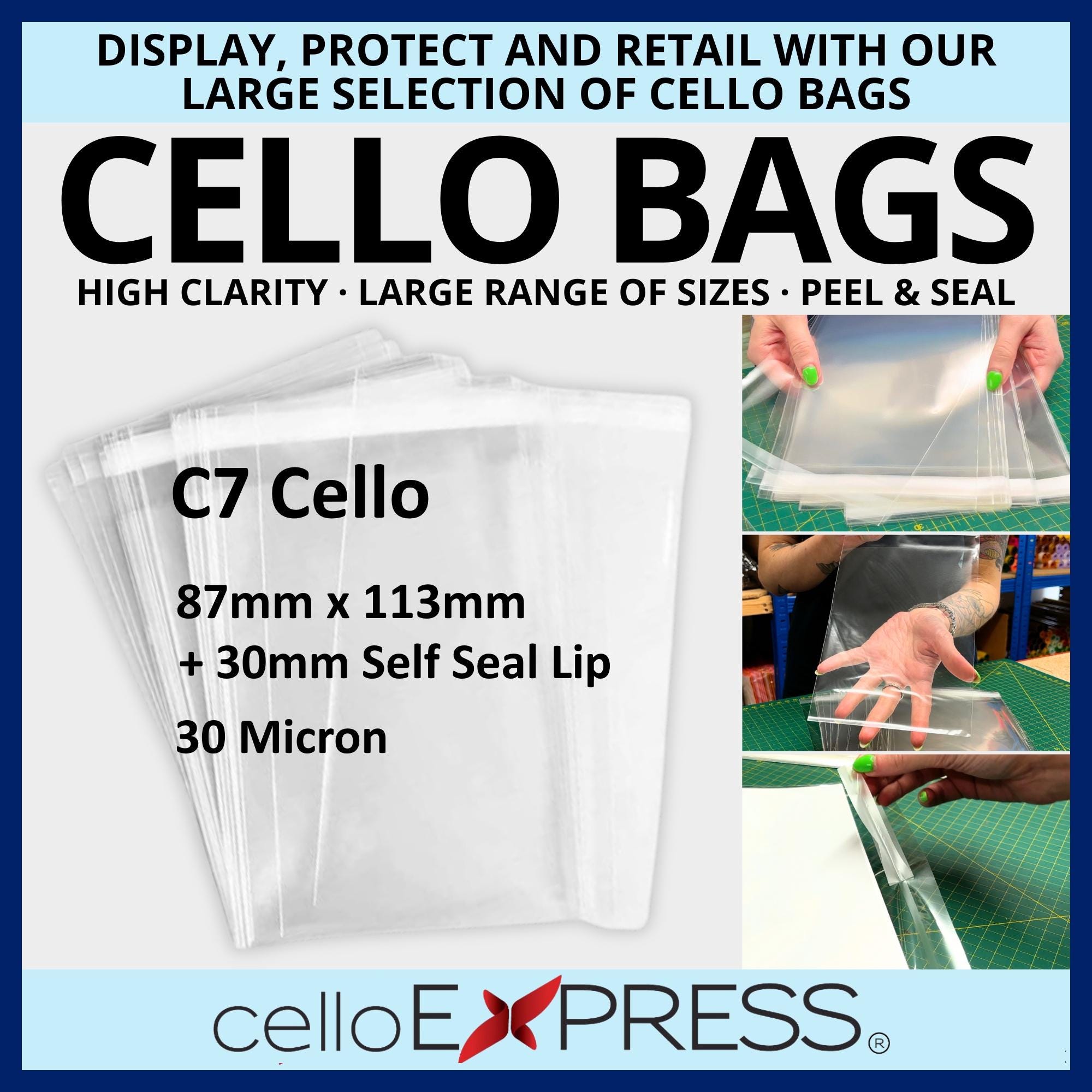 Celloexpress RRS C7 87mm X 113mm + 30mm Self Seal Lip 30 Micron Clear Resin From Renewable Source Cellophane Small Cello Pack Of 100 76068