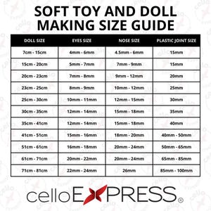 May include: A size guide for soft toy and doll making, featuring a white background with black text. The guide includes measurements for doll size, eyes, nose, and plastic joint sizes in centimeters and millimeters.