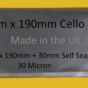 May include: A stack of clear plastic cellophane bags with a self-seal flap. The bags are 110mm x 190mm + 30mm and 30 microns thick. The text "110mm x 190mm Cello Bag" and "Made in the UK" is printed on the bags.