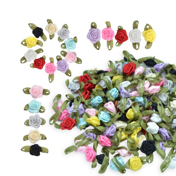 Mini roses en ruban de satin - Petits boutons floraux avec feuilles - Travaux manuels, embellissements, garniture