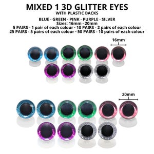 May include: A collection of mixed 3D glitter eyes with plastic backs in various colors: blue, green, pink, purple, and silver. Available in 16mm and 20mm sizes. The text "MIXED 1 3D GLITTER EYES" is at the top.