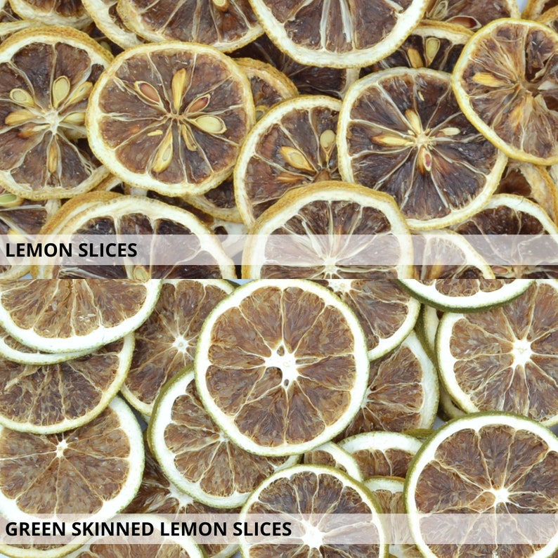 May include: Dried lemon slices, some with green skin, arranged in a pile.  The top row is labeled "Lemon Slices" and the bottom row is labeled "Green Skinned Lemon Slices".