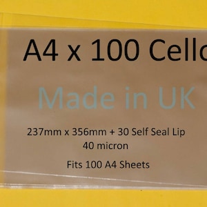 A4x100 - 237mm x 356mm + 30mm Klebefolie - 40 micron - Cellophanbeutel Klebefolie - Passend für 100 A4-Blätter