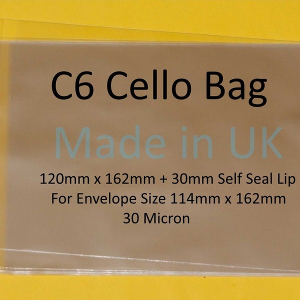 C6 Cello Display Bags for Cards - 120mm x 162mm + 30mm Self Seal Lip Clear Cello Display Bags - 30 Micron