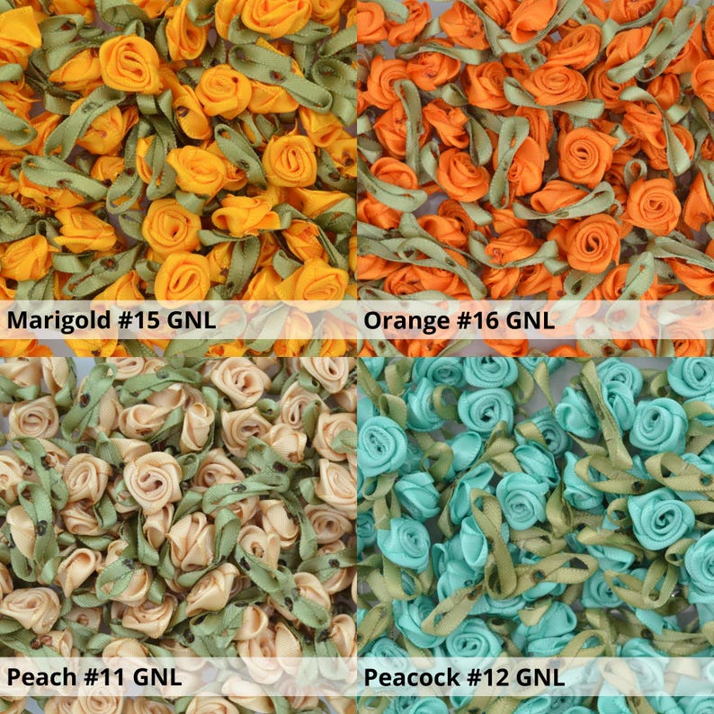 May include: Assortment of small fabric flower embellishments in four colors: marigold, orange, peach, and peacock. Each flower is made of satin ribbon and has a green stem.