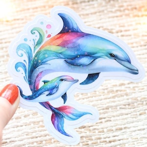 Holografischer Aquarell Delfin Sticker mit Mama und Baby