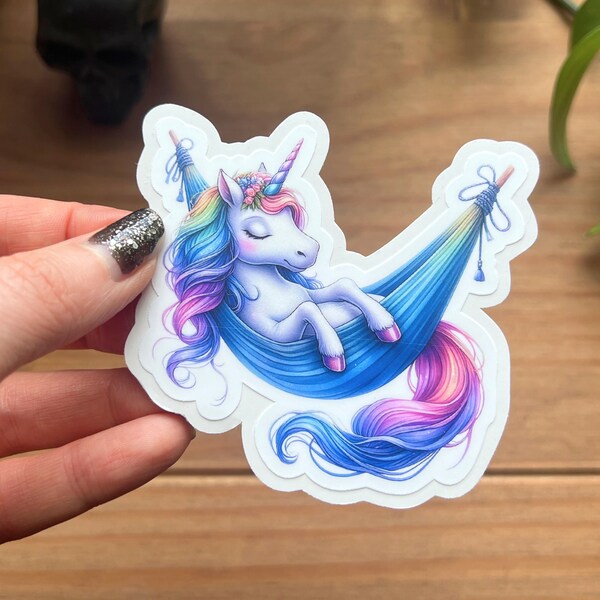 Colorful Watercolor Rainbow Hair Unicorn Sticker, Napping in Hammock