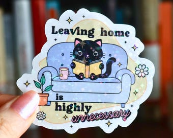 Salir de casa es totalmente innecesario, pegatina holográfica de gato introvertido, regalo divertido para lectores, pegatina de vinilo para amantes de los libros, calcomanía para Kindle