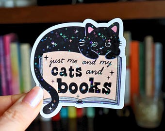 Pegatina "Solo yo, mis gatos y libros", calcomanía holográfica para amantes de los gatos negros, regalo para ratones de biblioteca introvertidos