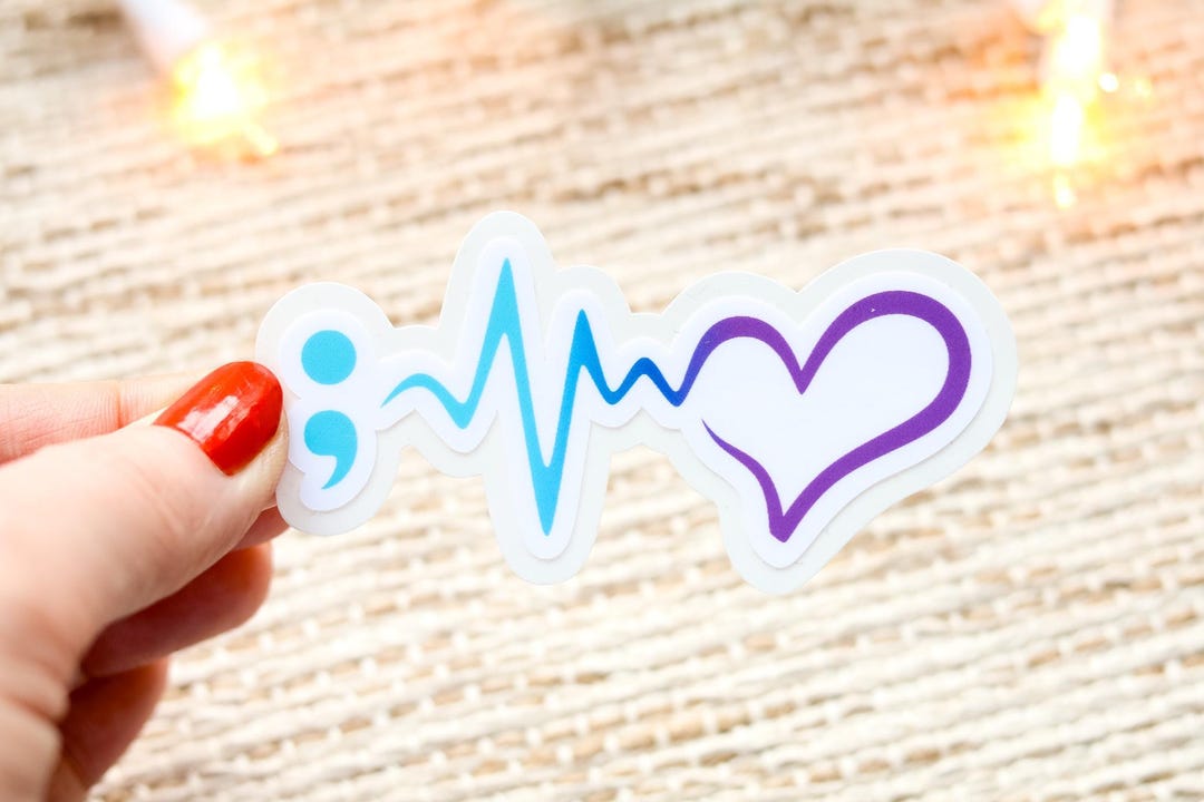 Semicolon Heart With Heartbeat Sticker, Suicide Awareness, Depression ...