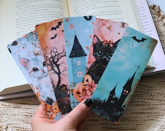 Halloween Bookmark Set, Spooky Bookmarks, Watercolor Cats, Pumpkin, Haunted House, Bats