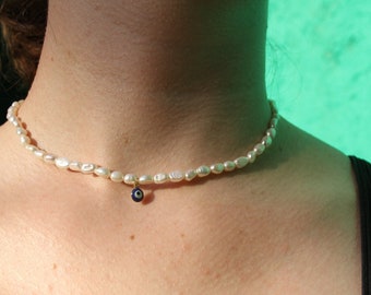 LOUKA necklace - fresh water pearls with evil eye - stainless steel - Marie de la Louise