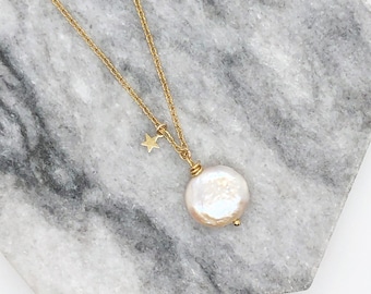 APOLLINE necklace - water pearl and small star - stainless steel - Marie de la Louise