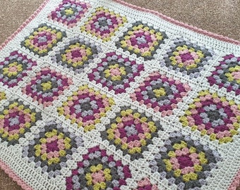 READY MADE - Granny Square Crochet Baby Blanket // Pink, Purple, Green