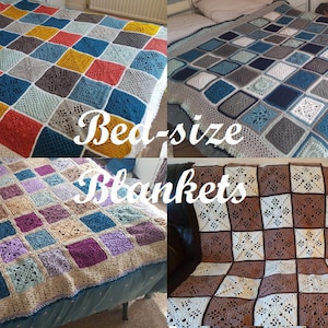 May include: Four crocheted bed-size blankets in different colour combinations. The blankets are made of squares with various patterns and colours, including blue, red, yellow, brown, white, and purple.