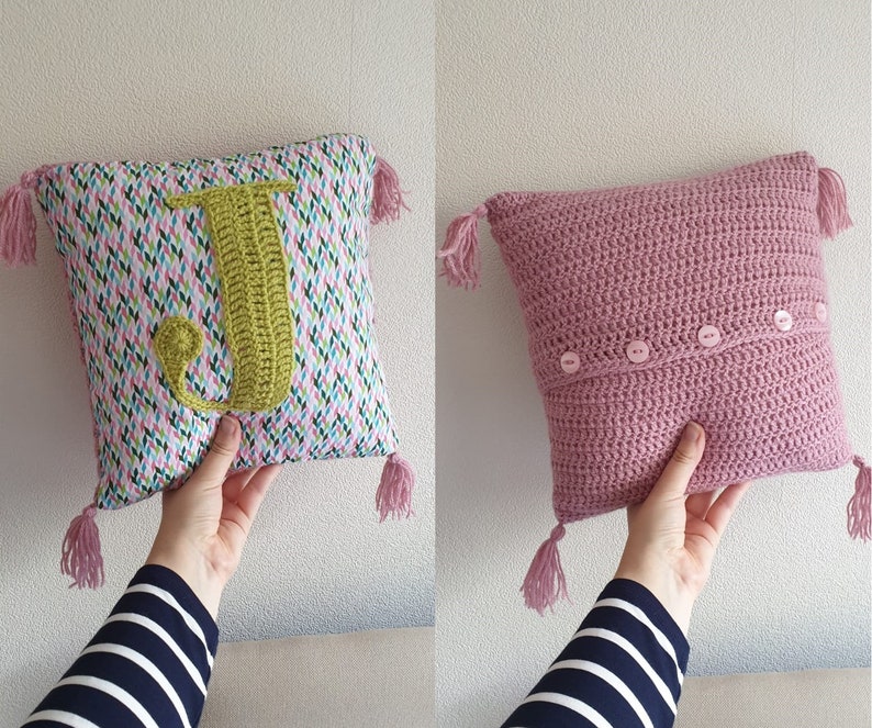 CUSTOM Personalised Crochet & Fabric Initial Letter Cushion // Mixed Media // Letter, Colour, Fabric, of your choice image 2