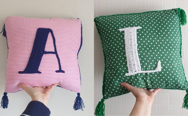 CUSTOM Personalised Crochet & Fabric Initial Letter Cushion // Mixed Media // Letter, Colour, Fabric, of your choice image 7