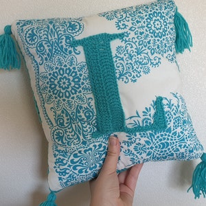 CUSTOM Personalised Crochet & Fabric Initial Letter Cushion // Mixed Media // Letter, Colour, Fabric, of your choice image 1