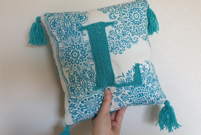 CUSTOM Personalised Crochet & Fabric Initial Letter Cushion // Mixed Media // Letter, Colour, Fabric, of your choice image 1