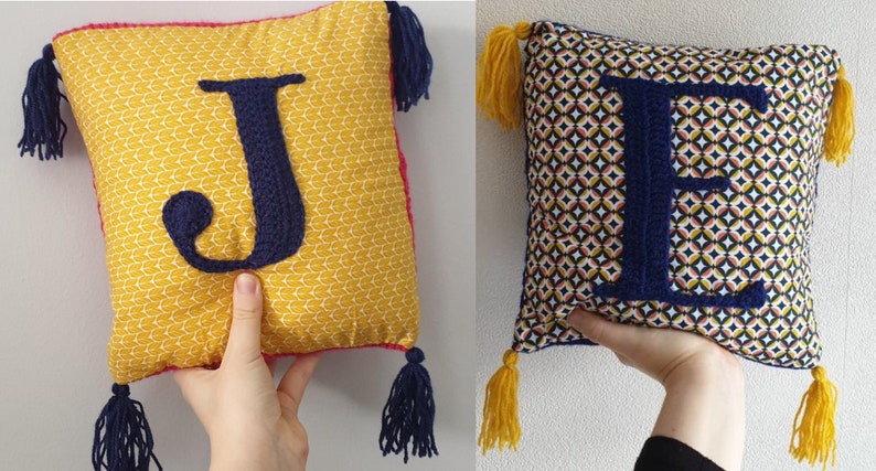 CUSTOM Personalised Crochet & Fabric Initial Letter Cushion // Mixed Media // Letter, Colour, Fabric, of your choice image 3